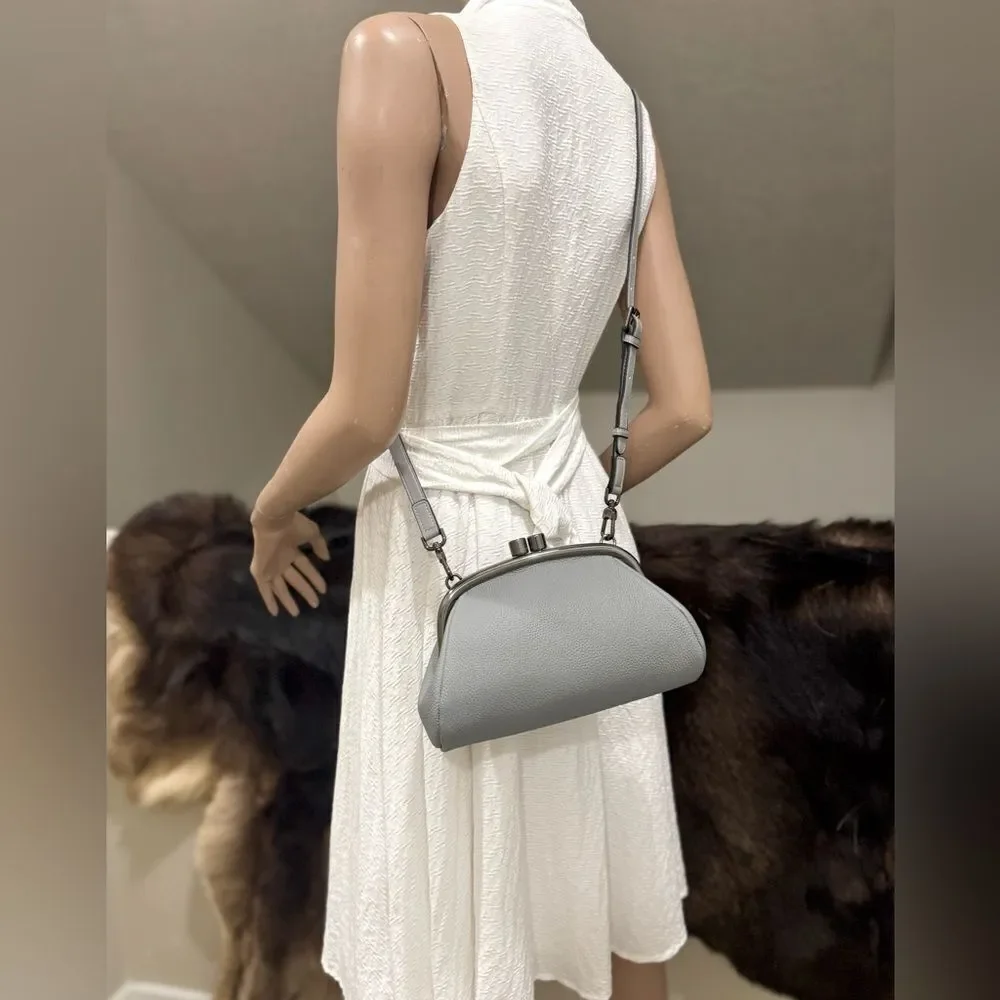 Gray Togo Cowhide Calfskin Handmade Kisslock Wristlet, Shoulder Bag, Crossbody